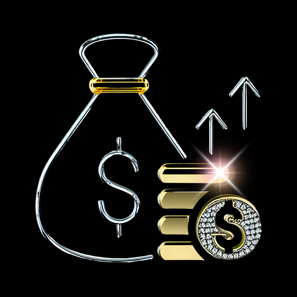 Quiet Rituals wealth Icon with money bag, coins, and upward arrows symbolizing upward growth